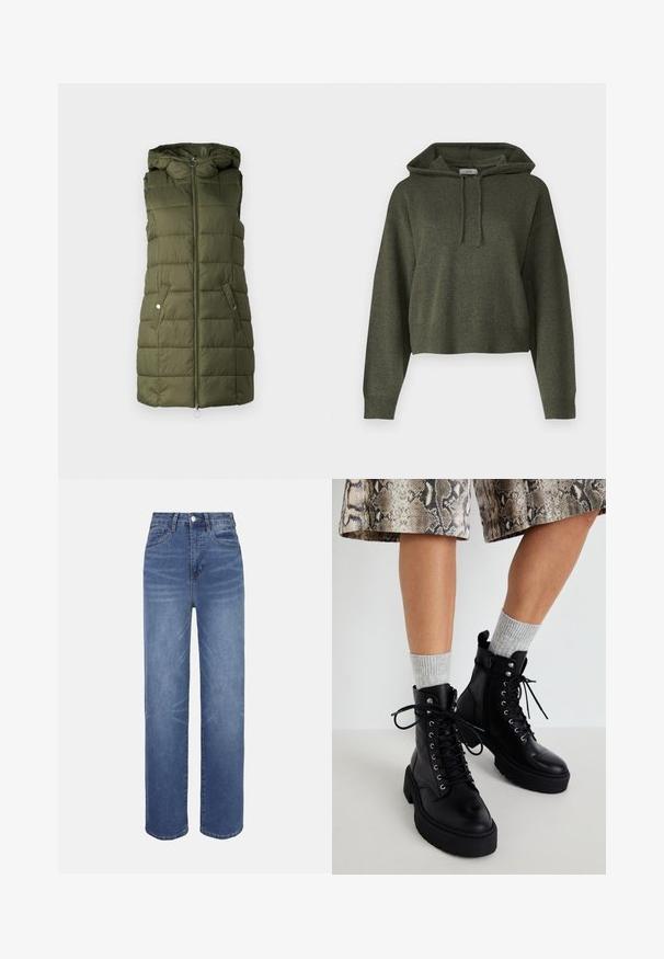 Padded Weste in Olivgrün mit Kapuze, ausgestattet mit einem Frontreißverschluss, zwei seitlichen Taschen mit Druckknöpfen und gesteppter Textur.; Olivgrüner, verkürzter Hoodie aus einem strukturierten Stoff, mit einer Kapuze mit Kordelzug sowie gerippten Bündchen und Saum. Einfaches, lässiges Design.; Hellblaue Jeans aus Denim mit hohem Bund, geradem Bein, Fünf-Taschen-Design und dezenten Verwaschungseffekten im Stoff.; Steve Madden GUSTO - Plateaustiefelette - black