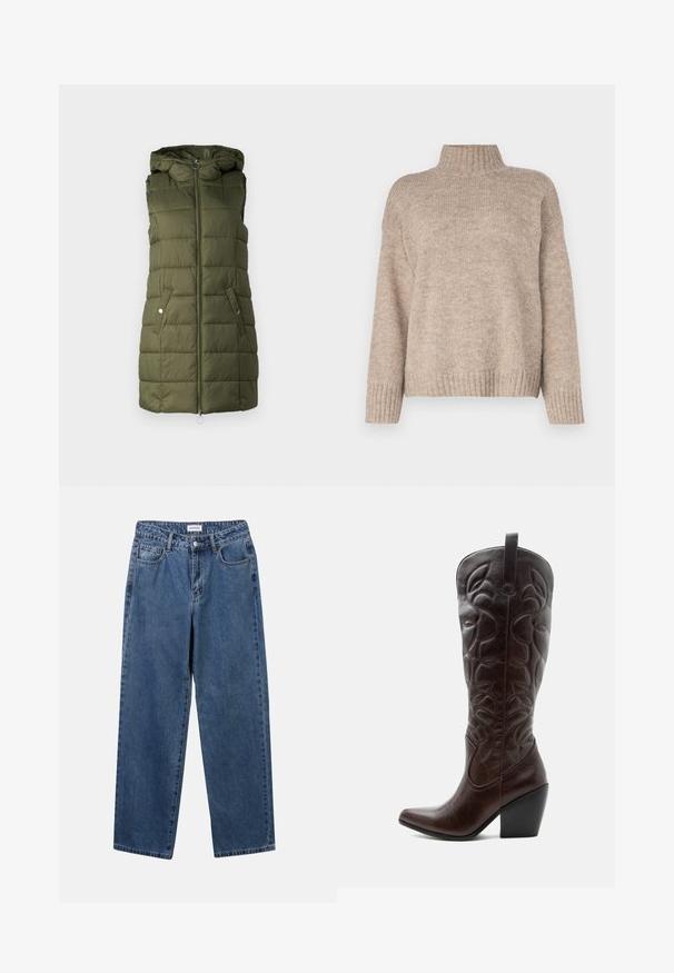 Polstret vest i oliven grønt med hætte, har en frontlynlås, to sidelommer med trykknapper og quiltet tekstur.; Beige strikket sweater med høj ribkant, løs pasform og ribkantede mansjetter og kant. Blød tekstur med et afslappet design.; Klassiske blå denimbukser med lige ben, fem lommer og knaplukning. Har en medium vask og en robust tekstur.; Høj mørkebrun læder cowboystøvle med syede dekorative mønstre, spids tå og stablet blokhæle.