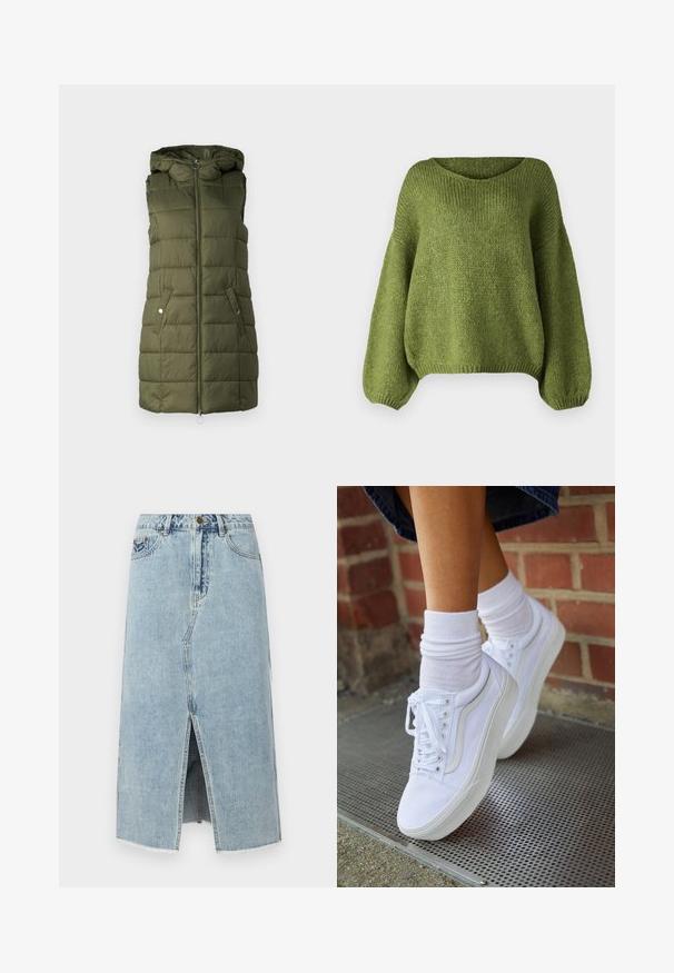 Olivový zelený prešívaný vest s kapucňou, so zipsom vpredu, dvoma bočnými vreckami so cvokmi a prešívanou textúrou.; JDY Knitted JDYDINEA Knitted - Svetrík - fern; Svietlo modrá džínsová sukňa s predným rozparkom, rozstrapkaným lemom, piatimi vreckami a gombíkovým zapínaním na páse. Klasický rovný strih.; Biele plátené tenisky s gumovou podrážkou, s piatimi dierkami na šnúrky, okrúhlou špičkou a svetlými švami, doplnené o biele členkové ponožky.