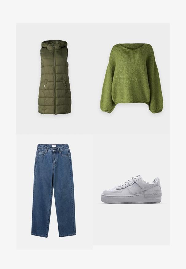Olivový zelený prešívaný vest s kapucňou, so zipsom vpredu, dvoma bočnými vreckami so cvokmi a prešívanou textúrou.; JDY JDYDINEA L/S REVERSIBLE PULLOV. KNT NOOS - Svetrík - fern; Klasické modré džínsy z denimu so strihom rovného strihu, piatimi vreckami a zapínaním na gombík. Majú stredné praním a pevnú textúru.; Šedé tenisky Nike Air Force 1 s perforovanou špičkou, hladkým koženým zvrškom, hrubou podrážkou a embosovaným detailom 'AIR' na päte.
