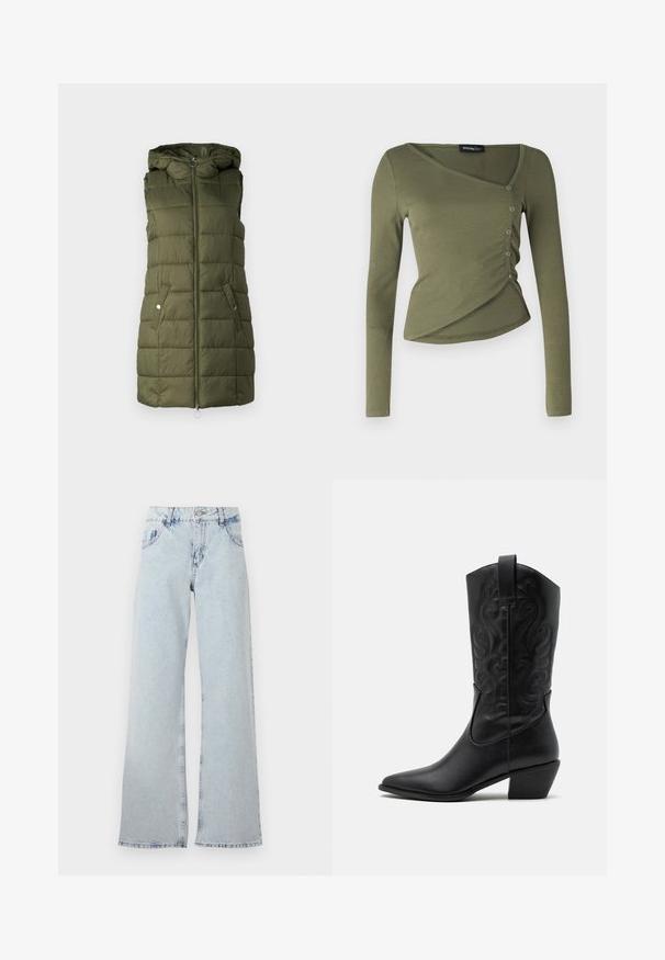 Polstret vest i oliven grønt med hætte, har en frontlynlås, to sidelommer med trykknapper og quiltet tekstur.; Langærmet, olivengrøn top i ribbet stof. Har et draperet design med V-hals og sidelukninger langs den overlappende kant.; Lyseblå bred ben jeans lavet af denim, med høj talje, bælteholdere, fem lommer og slidte områder for et vintage udseende.; Sorte læder cowboystøvler med spids tå, præget svungen mønster og en mid-højde hæl. Har en trækflap for nemt at tage på.