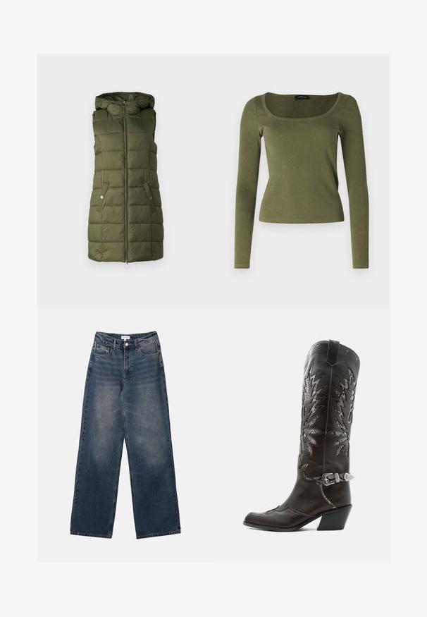 Polstret vest i oliven grønt med hætte, har en frontlynlås, to sidelommer med trykknapper og quiltet tekstur.; Olivengrøn langærmet top lavet af ribbet stof, med firkantet udskæring og tætsiddende design. Karakteristisk tekstur med diskrete mønstre.; Mænds højtaljede blå denim jeans med brede ben, frontknap og lynlås samt for- og baglommer.; Sort læder cowboystøvle med dekorative udskæringer, sølvspænde og skrå hæl, vist på hvid baggrund.