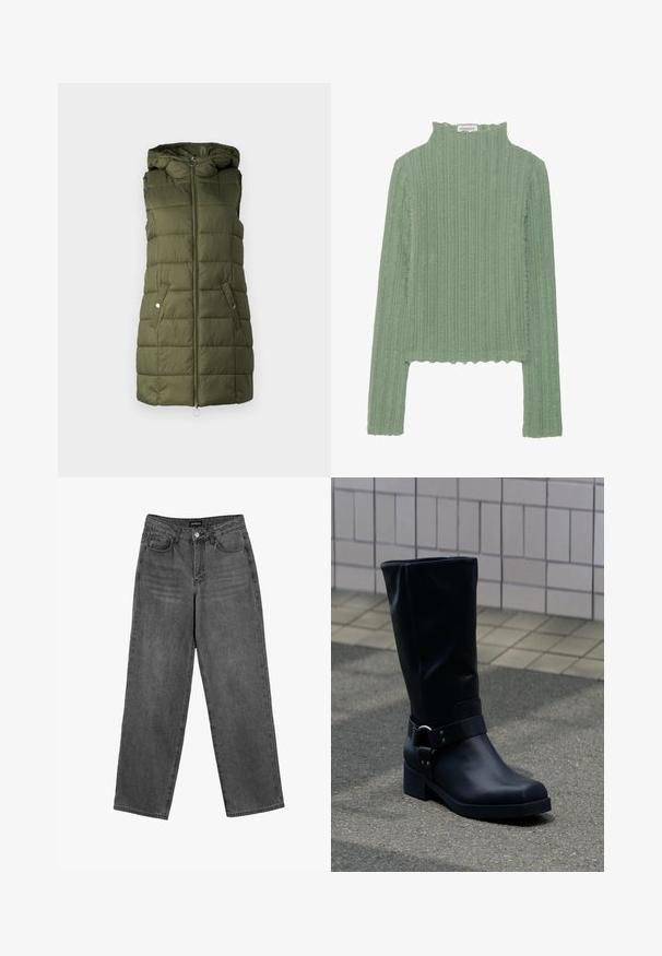 Polstret vest i oliven grønt med hætte, har en frontlynlås, to sidelommer med trykknapper og quiltet tekstur.; Langærmet top i lysegrønt ribbet stof. Høj hals, cropped design med frynsede kanter. Blød tekstur med lodrette striber.; Sorte højtaljede lige jeans med frontknap og lommer, præsenteret på en hvid baggrund.; Sort læderstøvle midt på læggen med lav blokhæle og en dekorativ rem med metal spænde rundt om anklen, på en flisebelagt fortov.