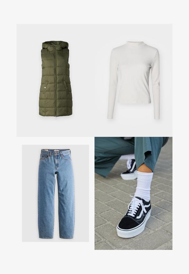 Chaleco acolchado en verde oliva con capucha, que presenta un cierre delantero, dos bolsillos laterales con botones a presión y textura acolchada.; Top de manga larga en beige claro con textura acanalada, cuello alto simulado y textura suave, con un corte ajustado y detalles de diseño mínimos.; Jeans de mezclilla azul claro con un diseño de pierna recta, cinco bolsillos, cremallera y una textura sutilmente desgastada. Estilo clásico con un hardware mínimo.; Zapatillas de ante negro con acentos y cordones blancos, que cuentan con una gruesa suela blanca y costuras en contraste, combinadas con un calcetín blanco.