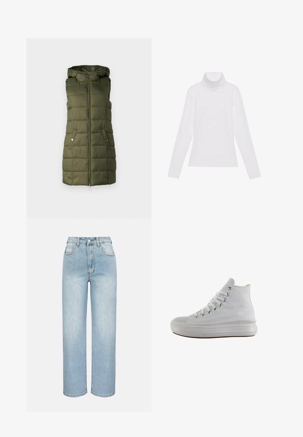 Gevoerde vest in olijfgroen met een capuchon, voorzien van een rits aan de voorkant, twee zijzakken met drukknoopsluitingen en een gewatteerde textuur.; Witte lange mouw turtleneck top gemaakt van glad, elastisch materiaal. Voorzien van een hoge kraag en een getailleerd ontwerp, zonder zichtbare patronen of versieringen.; Lichtblauwe high-waist rechte jeans met voorste knoop, ritssluiting, riemlussen en een ontwerp met vijf zakken, tegen een effen achtergrond.; Witte hoge canvas sneaker met witte veters, metalen oogjes, dikke rubberen zool en gestructureerde neuskap, naar links gericht op een witte achtergrond.