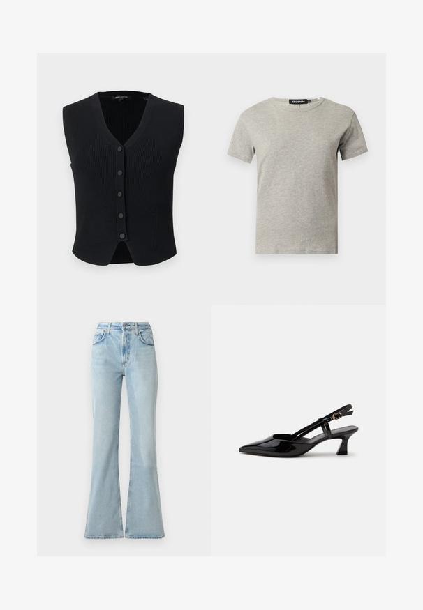 Sort ribbet ærmeløs cardigan med V-hals og fem forreste knapper, let buet kant og slank pasform.; Lysegrå kortærmet crew neck bomulds T-shirt med synligt sort mærke inde i kraven med teksten "DENIM" og størrelse "S".; Lys blå denim flare jeans med høj talje, der har forlommer, knaplukning og en let slidt tekstur.; Sort laklæderslingback med lille hæl, spids tå og justerbar guldlåsrem på hvid baggrund.