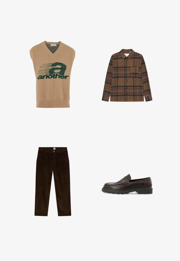 Pull sans manches beige avec un col en V, présentant un design graphique vert foncé et le texte "another" en gras, en matière tricotée douce.; Chemise à carreaux marron en tissu doux, à manches longues, avec une fermeture à boutons, un col et une poche poitrine unique avec des rayures multicolores.; Pantalon en velours côtelé brun foncé avec poches avant, passants de ceinture et fermeture par bouton à la taille de la marque Lee.; Mocassins en cuir brun foncé avec une finition texturée, bout arrondi et semelle en caoutchouc noir épais. Présente un accent décoratif en couture.