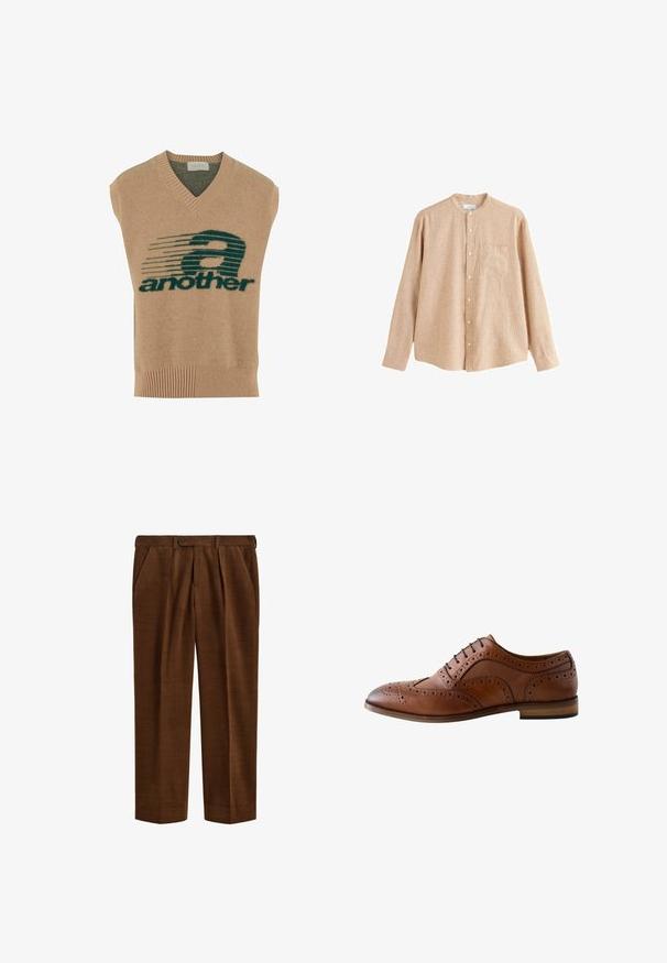 Chaleco sin mangas beige con escote en V, que presenta un diseño gráfico en verde oscuro y el texto "another" en negrita, hecho de un material de punto suave.; Camisa beige de manga larga con botones, cuello mandarín y bolsillo en el pecho, tela texturizada, colocada plana sobre fondo blanco.; Pantalones marrones de pana con pliegues, bolsillos laterales, trabillas para cinturón y cierre con botón en la cintura, mostrados extendidos sobre un fondo blanco.; Zapato brogue marrón de cuero para hombre con diseño de ala, detalles perforados, cordones negros y tacón plano sobre fondo blanco.