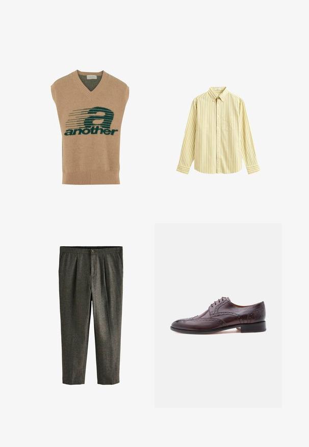 Chaleco sin mangas beige con escote en V, que presenta un diseño gráfico en verde oscuro y el texto "another" en negrita, hecho de un material de punto suave.; Camisa amarilla de manga larga con botones, finas rayas verticales azules y un bolsillo en el pecho, extendida sobre un fondo blanco.; Pantalones grises texturizados con un ajuste entallado, pliegues en la parte delantera, bolsillos laterales y cierre de botón en la cintura.; Zapato de vestir de cuero marrón con detalles de brogue, puntera redondeada, seis ojales y un tacón bajo apilado. Acabado liso con acentos contrastantes.