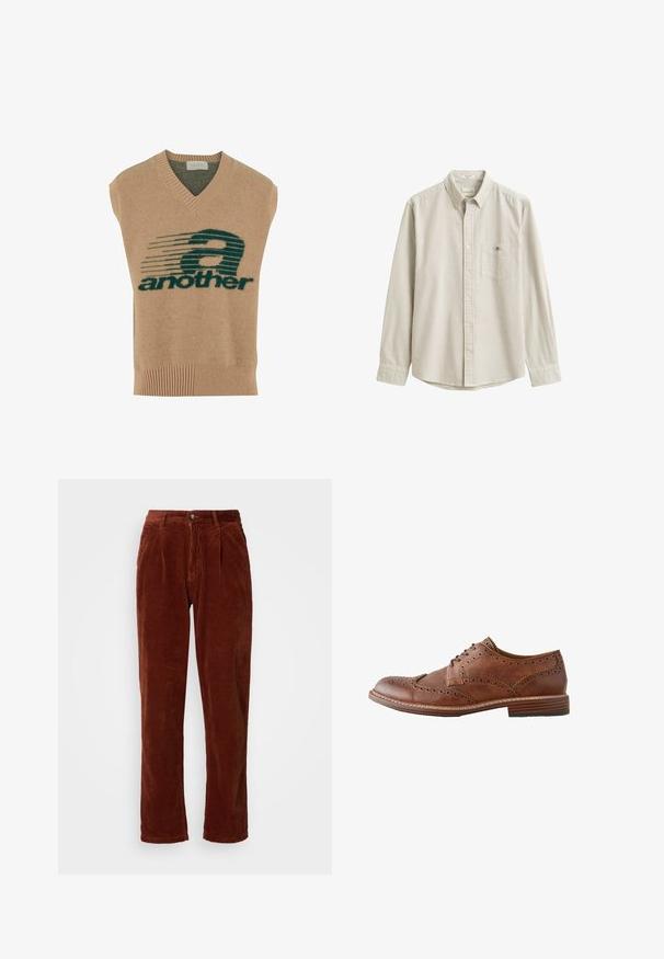 Chaleco sin mangas beige con escote en V, que presenta un diseño gráfico en verde oscuro y el texto "another" en negrita, hecho de un material de punto suave.; Camisa beige y blanca de rayas verticales, de manga larga, con botones, cuello y bolsillo en el pecho, presentada plana sin persona.; Pantalones de pana en un color marrón intenso; presentan un frente plisado, piernas rectas y un cierre de botón en la cintura.; Zapato oxford de hombre marrón de cuero con diseño wingtip, detalles brogue y tacón de madera apilado, mostrado en perfil lateral sobre fondo blanco.