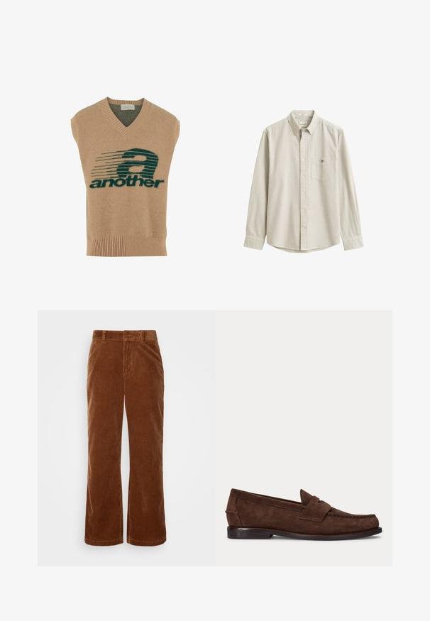 Chaleco sin mangas beige con escote en V, que presenta un diseño gráfico en verde oscuro y el texto "another" en negrita, hecho de un material de punto suave.; Camisa beige y blanca de rayas verticales, de manga larga, con botones, cuello y bolsillo en el pecho, presentada plana sin persona.; Pantalones de pana marrón con un diseño de pierna ancha, que presentan una textura acanalada vertical, cierre de botón y trabillas para cinturón estándar.; Zapato tipo loafer de ante marrón con tacón bajo y costuras visibles en la punta, el lateral y la parte trasera, mostrado sobre un fondo claro y liso.