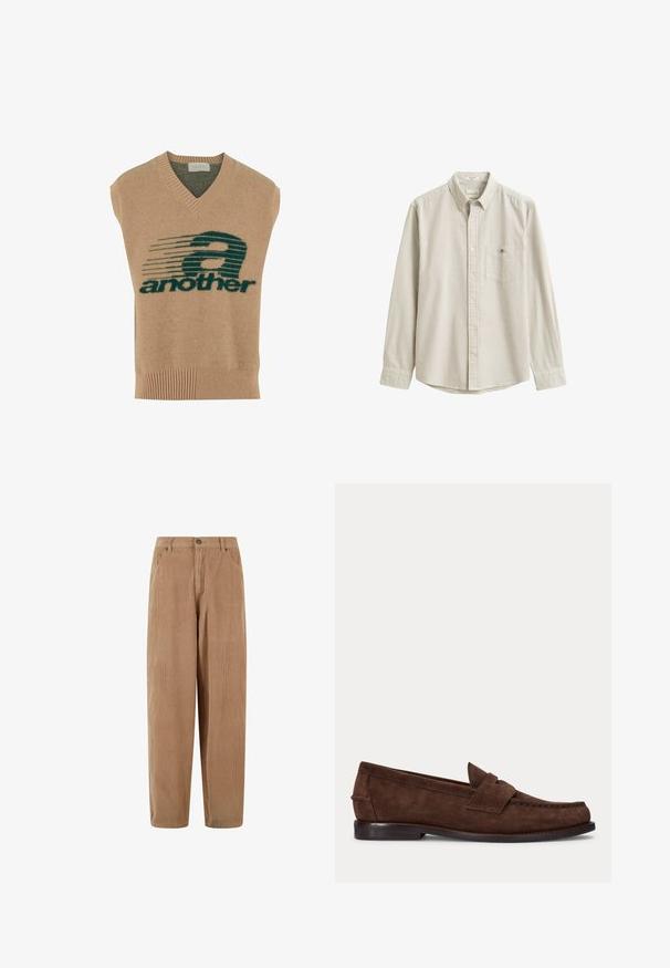 Pull sans manches beige avec un col en V, présentant un design graphique vert foncé et le texte "another" en gras, en matière tricotée douce.; Chemise beige et blanche à rayures verticales, à manches longues, boutonnée, avec col et poche poitrine, présentée à plat sans personne.; Pantalon en velours côtelé marron clair au design droit, doté d'une fermeture à bouton et de poches latérales, surface texturée en côtes.; Mocassin penny en daim marron avec un petit talon et des coutures visibles le long de l'orteil, du côté et à l'arrière, présenté sur un fond clair uni.