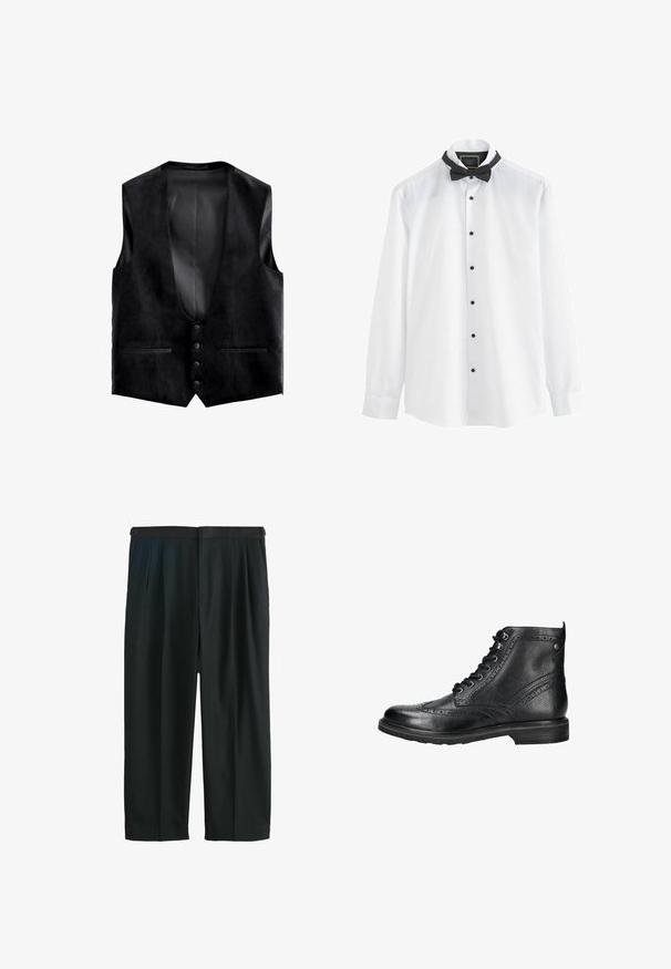 Gilet noir formel avec quatre boutons et deux petites poches avant, confectionné dans un tissu lisse avec une texture subtile.; Next BOW TIE SET DOUBLE CUFF - Chemise classique - white; Pantalon noir à jambes larges avec plis à la taille et ceinture en tissu assortie sur fond blanc uni.; Botte noire en cuir à lacets avec détails brogue, finition texturée, semelle épaisse et bout rond, présentée de profil sur fond blanc.
