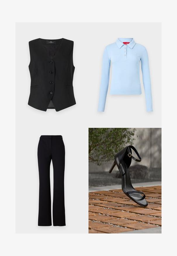 Zwarte mouwloze vest met een V-hals, vijf knopen aan de voorkant, twee zijzakken en een gladde textuur. Eenvoudig, op maat gemaakt ontwerp.; Lichtblauw geribd poloshirt met lange mouwen, een kraag en vier knopen aan de voorkant, afgebeeld op een effen achtergrond.; Zwarte broek met een rechte snit, een gladde textuur en een tailleband met een enkele knoopsluiting. Geen zichtbare patronen of accenten.; Zwarte hoge hak sandaal met enkelbandje zweeft boven een houten tegelvloer buiten, met een onscherpe groene en stenen achtergrond.