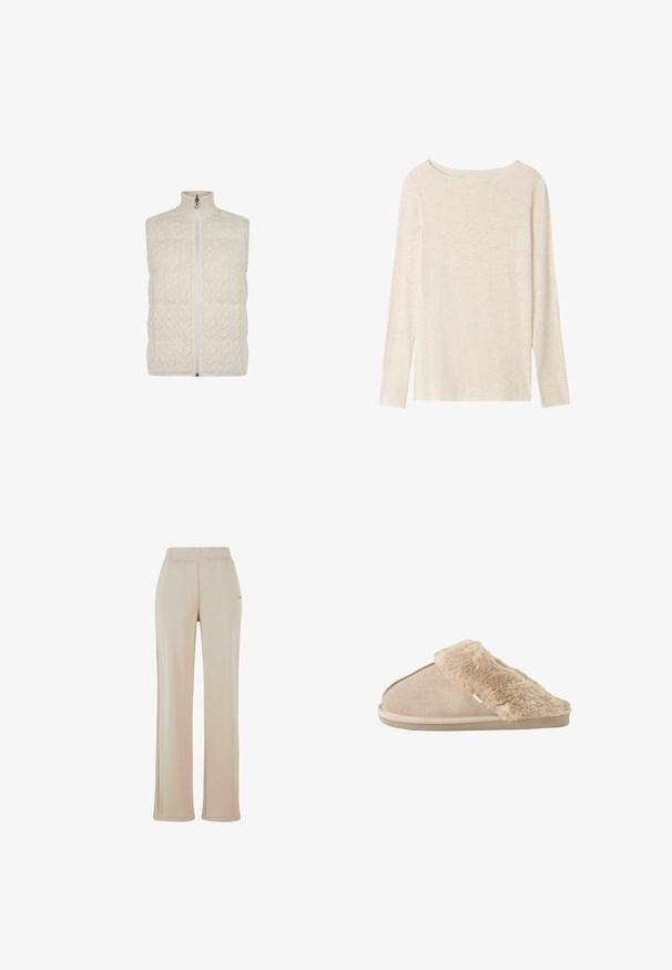 Cremefarvet kabelstrikket ærmeløs vest med høj krave og lynlås i front, vist mod en hvid baggrund.; Langærmet, lysebeige striktop med bådudskæring og subtil meleret tekstur.; Beige, løse sweatpants med elastisk talje og diskrete sidesømme. Fremstillet af et blødt, tekstureret materiale. Ingen synlige logoer.; Beige slip-on tøfler med blødt ruskind yderside og blødt, fluffy inderfor og manchet, designet til komfort indendørs.
