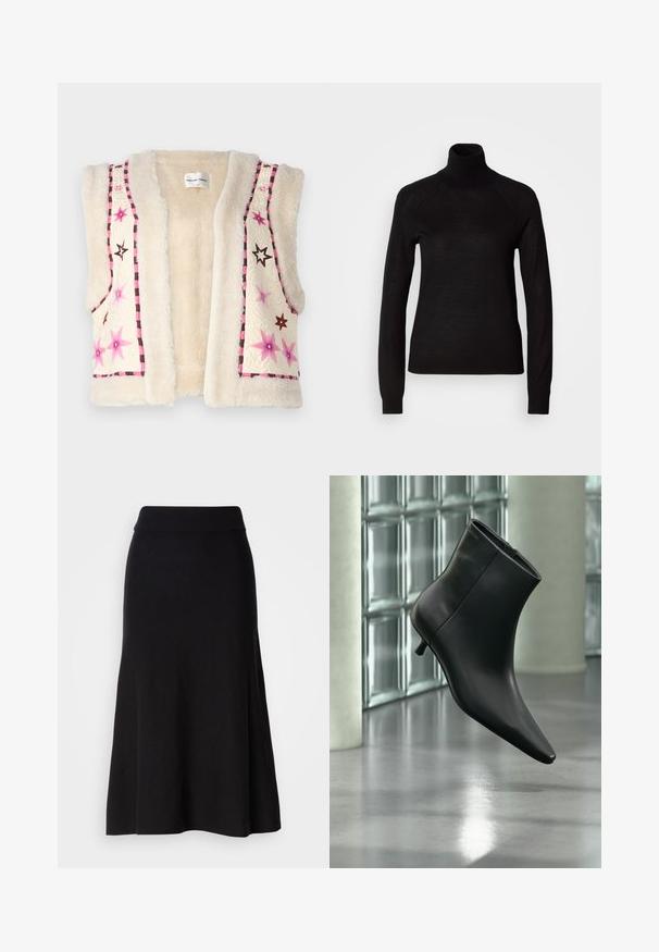 Faux pels vest i cremefarve med pink og brun stjernestikning samt ternet kant langs kanten og halsudskæringen.; Sort turtleneck sweater lavet af et let strikket stof. Har lange ærmer og en tætsiddende silhuet med raglan-sømme.; Sort strikfløjet nederdel med bred talje, midi-længde, glat tekstur og ingen synlige mønstre eller hardware detaljer.; Sort læderankelstøvle med spids tå og lav kitten-hæ, vist vinklet mod en poleret gulv- og glasblokvæg.