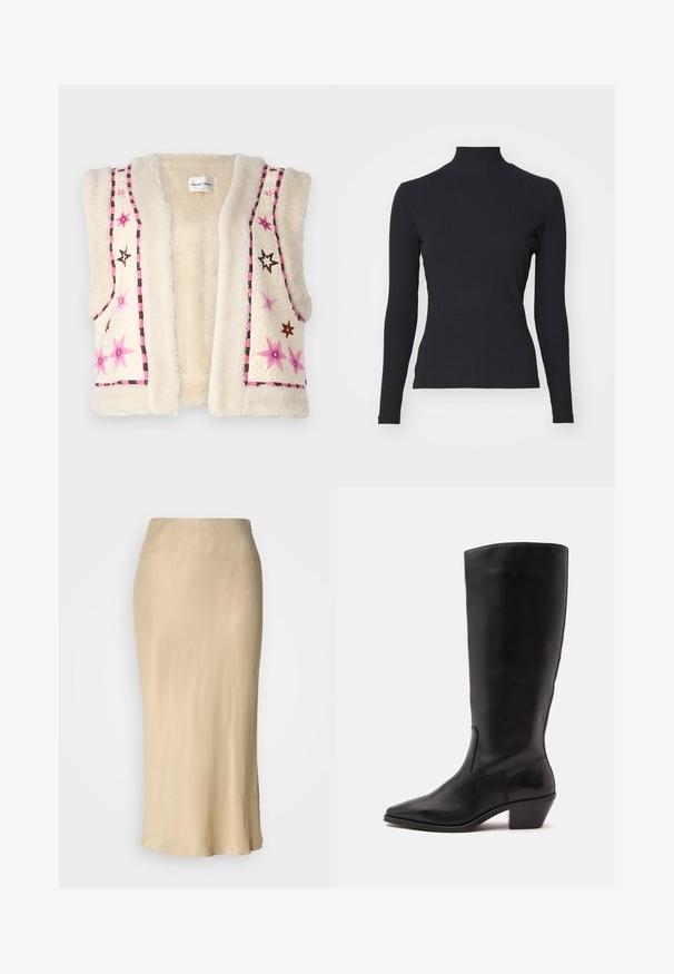 Faux pels vest i cremefarve med pink og brun stjernestikning samt ternet kant langs kanten og halsudskæringen.; Sort ribbet turtle-sweater med lange ærmer. Lavet af strækbart stof med en tætsiddende pasform og høj krave. Enkel design uden udsmykninger.; Beige satin midi nederdel med en glat, skinnende tekstur. Tæt talje med en udvidet nederste kant, der har et minimalistisk design uden synlige mønstre.; Sort læderstøvle til midtkalv med spids tå og lavt skråt hæl på en enkel lys baggrund.