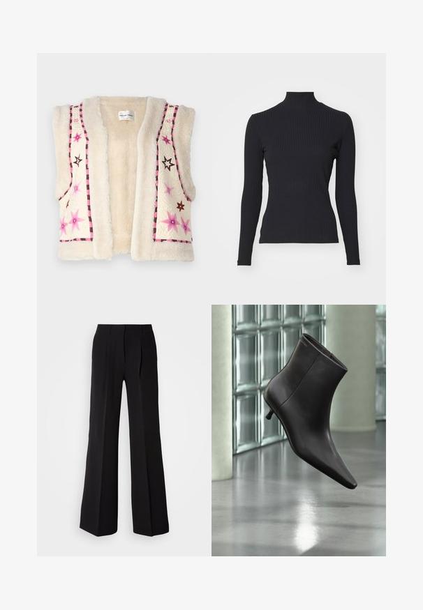 Faux pels vest i cremefarve med pink og brun stjernestikning samt ternet kant langs kanten og halsudskæringen.; Sort ribbet turtle-sweater med lange ærmer. Lavet af strækbart stof med en tætsiddende pasform og høj krave. Enkel design uden udsmykninger.; Sorte bukser lavet af glat stof, med høj talje, bred ben silhuet og to frontfolder for ekstra design detaljer.; Sort læderankelstøvle med spids tå og lille hæl vist mod en væg af glasblokke og poleret gulv baggrund.