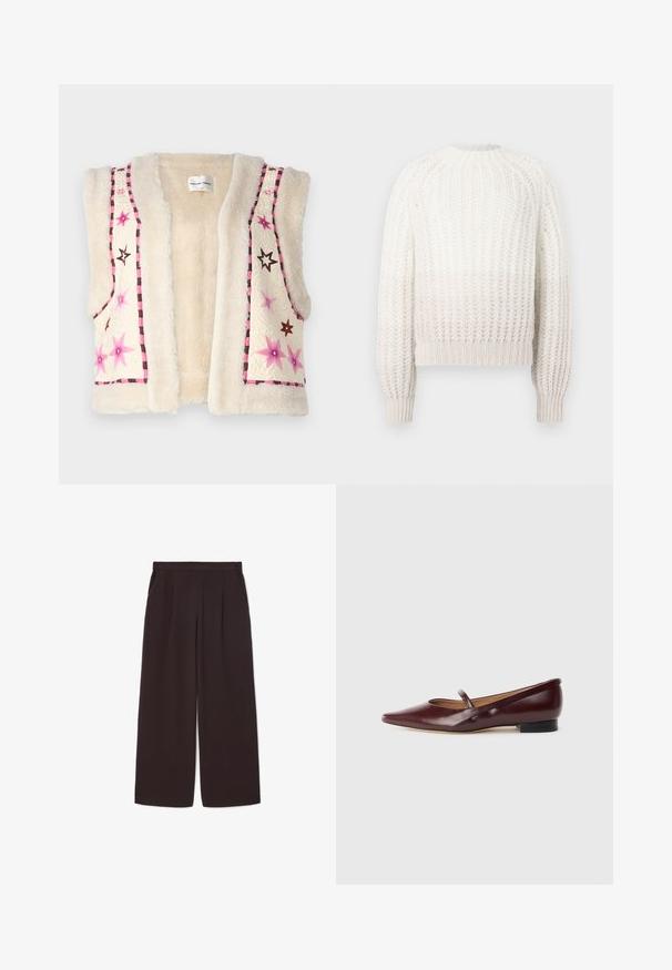Faux pels vest i cremefarve med pink og brun stjernestikning samt ternet kant langs kanten og halsudskæringen.; DRYKORN LARELYA - Striktrøje - beige; Mørkebrun vide bukser lavet af letvægtsstof, med høj talje, plisseringer og to sidelommer, samt elastisk taljebånd.; Burgundyrød patenteret lædersko med spids tå og en dekorativ rem over vristen. Har en lav sort hæl.