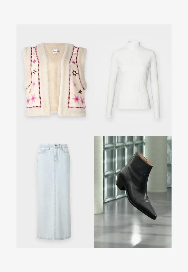 Faux pels vest i cremefarve med pink og brun stjernestikning samt ternet kant langs kanten og halsudskæringen.; Hvid ribbet turtleneck blouse med lange ærmer, lavet af elastisk stof. Har et tætsiddende design og høj hals for god dækning.; Lyseblå denim maxi-nederdel med lige design, frontknaplukning og synlige syninger. Har to frontlommer.; Sort læderankelstøvle med spids tå og blokhæl, der svæver over en reflekterende grå gulv nær en væg af glasblokke.