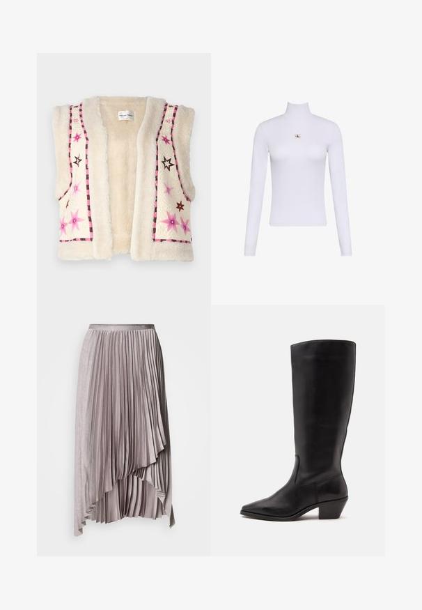 Faux pels vest i cremefarve med pink og brun stjernestikning samt ternet kant langs kanten og halsudskæringen.; Hvid langærmet rullekravetrøje med en lille Calvin Klein logo lap placeret centralt på brystet.; Lys mauve asymmetrisk plisseret nederdel med satinlinning og lagdelt, faldende kantdetalje mod en ensfarvet baggrund.; Sort læderstøvle til midtkalv med spids tå og lavt skråt hæl på en enkel lys baggrund.