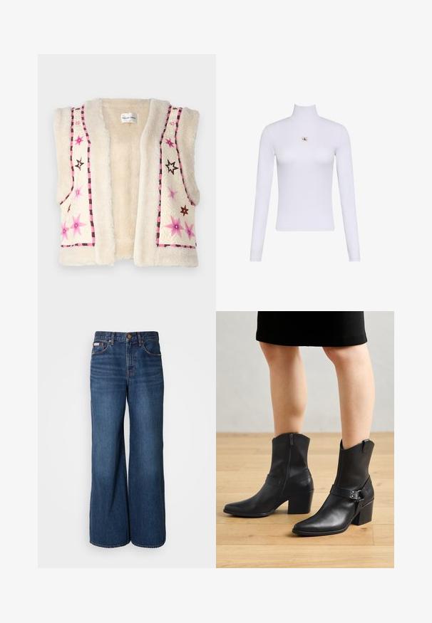 Faux fur gilet in een crèmekleur, met roze en bruine ster borduursels en een geruite rand langs de randen en de halslijn.; Witte lange mouwen coltrui top met een klein Calvin Klein-logo midden op de borst.; Wijdvallende jeans van donkerblauwe denim. Kenmerken zijn een hoge taille, vijf zakken en contrasterende oranje stiksels langs de naden.; Zwarte leren enkellaarzen met een puntige neus, ritssluiting, gebogen hak en een decoratieve band met metalen accenten.