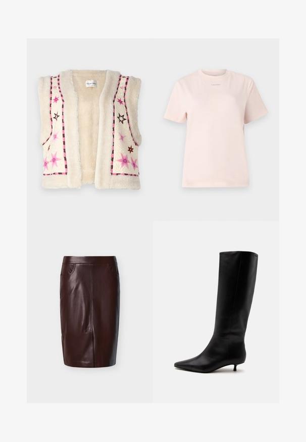 Faux fur gilet in een crèmekleur, met roze en bruine ster borduursels en een geruite rand langs de randen en de halslijn.; Lichtroze katoenen t-shirt met een ronde hals, korte mouwen, en een klein "Calvin Klein" logo gedrukt in een bijpassende kleur op de borst.; Bruine leren potloodrok met een gladde textuur, voorzien van twee zijzakken en een naaddetail aan de voorkant, ontworpen voor een strakke pasvorm.; Zwarte leren kniehoge laars met puntige neus en lage kittenhak tegen een effen lichte achtergrond.