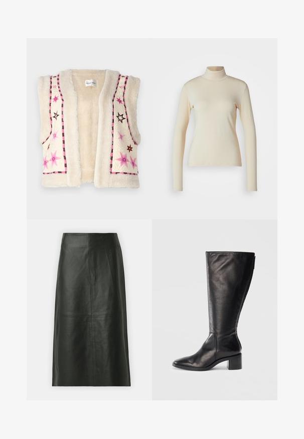 Faux pels vest i cremefarve med pink og brun stjernestikning samt ternet kant langs kanten og halsudskæringen.; Cremefarvet langærmet turtleneck top lavet af glat, strækbart stof; tætsiddende design med høj hals og ingen synlige mønstre eller detaljer.; Sort læder midi-nederdel med lige snit. Glat tekstur, minimale sømme og en tætsiddende talje. Ingen synlige lommer eller yderligere detaljer.; Sorte læderknæhøje støvler med firkantet tå, blokhæle og et stilrent design. Glat tekstur med en sideskift for nem påtagning.