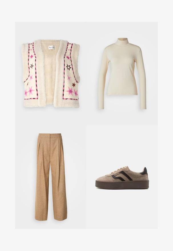 Faux pels vest i cremefarve med pink og brun stjernestikning samt ternet kant langs kanten og halsudskæringen.; Cremefarvet langærmet turtleneck top lavet af glat, strækbart stof; tætsiddende design med høj hals og ingen synlige mønstre eller detaljer.; Vide bukser i et struktureret, lysebrunt stof. Har frynsede folder foran og høj talje, med en glat finish og uden synlige lukninger.; Beige sneaker med lav platform, ruskind- og uldteksturer, mørkebrune bølgemønstre, beige snørebånd og mørkebrun sål.