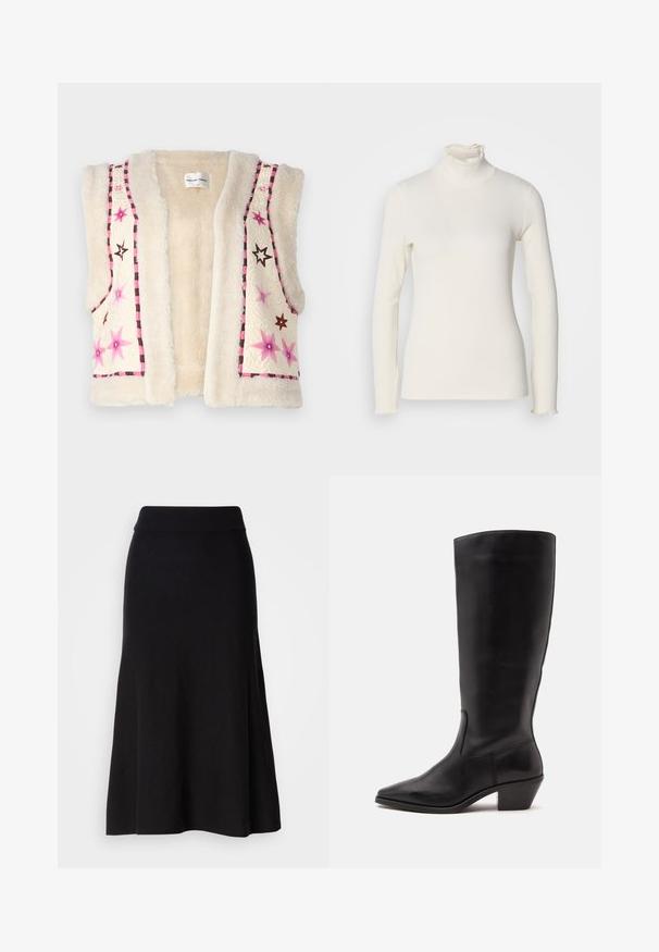 Faux pels vest i cremefarve med pink og brun stjernestikning samt ternet kant langs kanten og halsudskæringen.; Langærmet turtleneck top lavet af blødt, ribbet stof i elfenben, med en flæset halsudskæring og let udvidede ærmekanter.; Sort strikfløjet nederdel med bred talje, midi-længde, glat tekstur og ingen synlige mønstre eller hardware detaljer.; Sort læderstøvle til midtkalv med spids tå og lavt skråt hæl på en enkel lys baggrund.