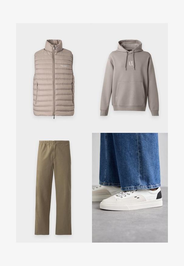 Lichtbeige gewatteerd mouwloos vest met hoge kraag, voorrits, zijzakken en het "Armani Exchange Milano/New York" logo op de borst.; Grijze hoodie met een centrale kangoeroezak, verstelbare trekkoordkap, en een klein wit logo op de borst. Zachte stofkwaliteit.; Khaki broek gemaakt van lichtgewicht stof. Heeft een elastische tailleband, een knoopsluiting, rechte pijpen en een soepele textuur.; Witte en zwarte sneakers met een glad leren bovenwerk, textuuraccenten en een chunky witte zool. Heeft een klassiek vetersluiting ontwerp.