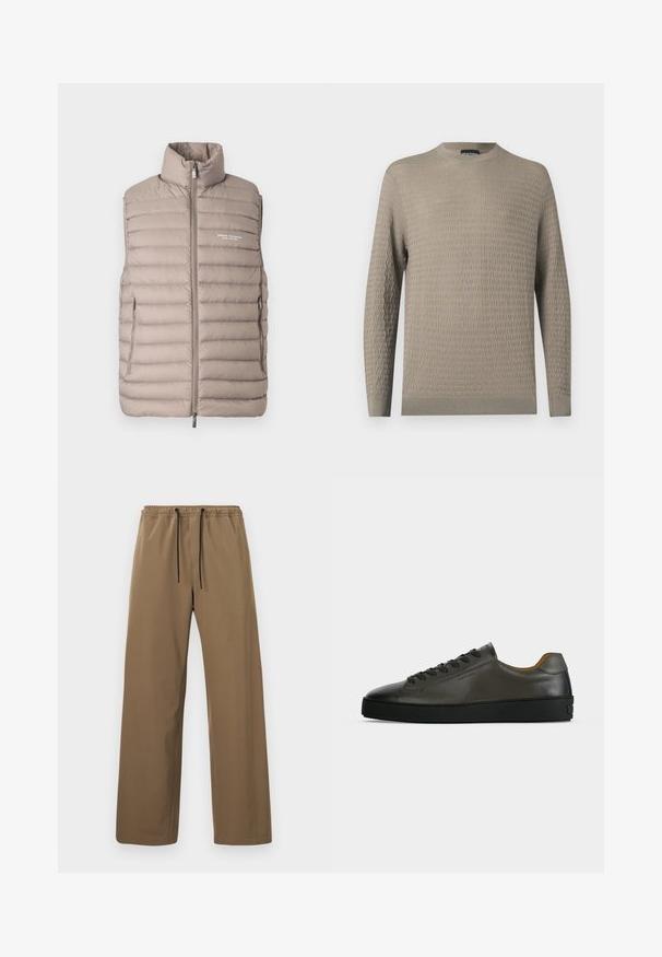 Doudoune sans manches couleur beige clair, avec col montant, fermeture éclair à l'avant, poches latérales et logo "Armani Exchange Milano/New York" sur la poitrine.; Pull beige clair avec un motif texturé, col rond, manches longues et poignets et ourlet côtelés. Fabriqué en matériau doux.; Pantalon marron à coupe droite avec taille élastique et cordons noirs, présenté sur un fond clair uni.; Basket basse en cuir gris foncé avec lacets et semelle noirs, design minimaliste, profil latéral sur un fond clair uni.