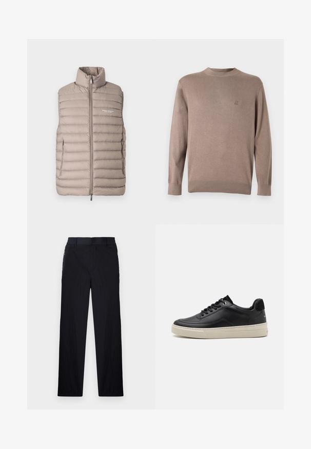 Doudoune sans manches couleur beige clair, avec col montant, fermeture éclair à l'avant, poches latérales et logo "Armani Exchange Milano/New York" sur la poitrine.; Pull en maille marron avec un col rond, des poignets et un ourlet côtelés. Présente un petit logo brodé sur la poitrine dans une couleur assortie.; Pantalon noir en tissu léger et texturé, avec une coupe droite, une taille élastique et des poches zippées sur les côtés.; Baskets en cuir noir à profil bas, avec une semelle en caoutchouc couleur crème, bout rond et design à lacets, rehaussées d'un talon en daim noir.