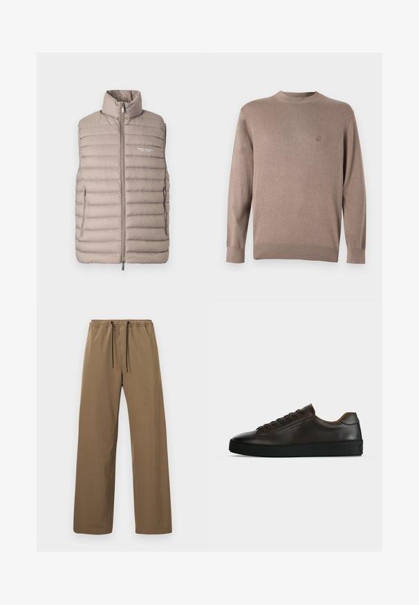 Doudoune sans manches couleur beige clair, avec col montant, fermeture éclair à l'avant, poches latérales et logo "Armani Exchange Milano/New York" sur la poitrine.; Pull en maille marron avec un col rond, des poignets et un ourlet côtelés. Présente un petit logo brodé sur la poitrine dans une couleur assortie.; Pantalon marron à coupe droite avec taille élastique et cordons noirs, présenté sur un fond clair uni.; Baskets basses en cuir marron foncé avec semelle en caoutchouc noire, lacets à l'avant et design minimaliste épuré sur fond clair.