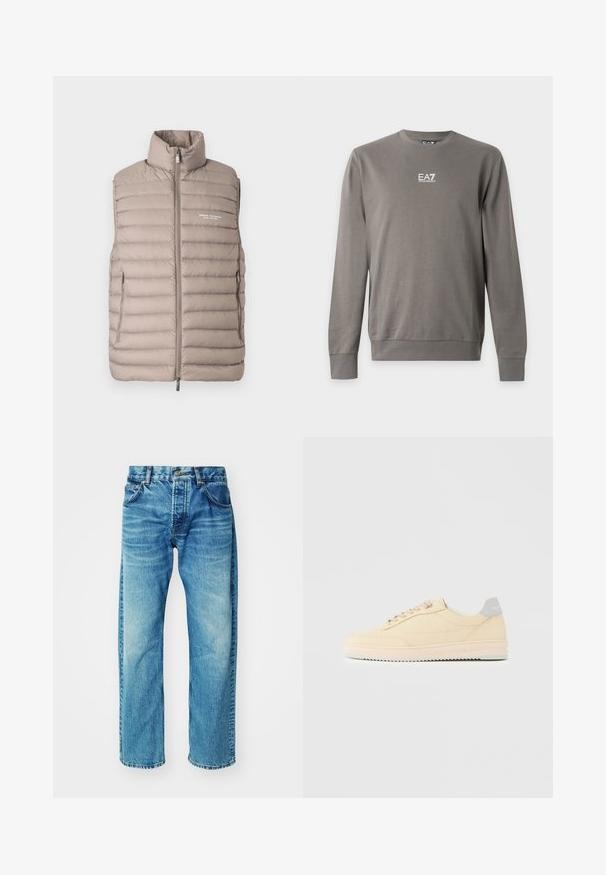 Doudoune sans manches couleur beige clair, avec col montant, fermeture éclair à l'avant, poches latérales et logo "Armani Exchange Milano/New York" sur la poitrine.; Sweat-shirt gris à manches longues avec col rond et logo EA7 Emporio Armani blanc sur la poitrine, poignets et ourlet côtelés.; Jean en denim bleu à coupe décontractée, avec cinq poches, un bouton à fermeture, un léger délavage et un ourlet légèrement effiloché.; Baskets basses beige à lacets, semelle rose clair et languette grise à l'arrière marquée "Filling Pieces", vues de profil sur fond uni.