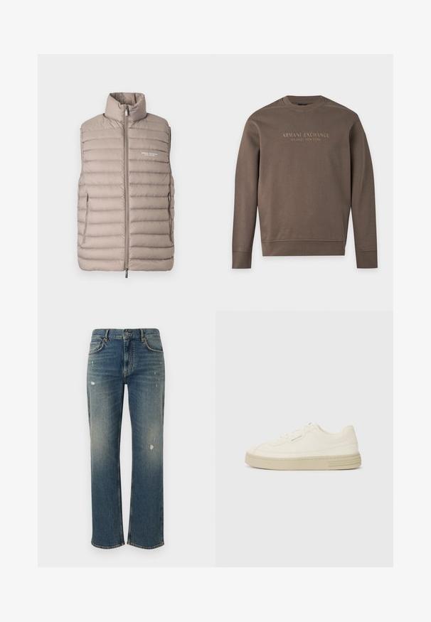 Doudoune sans manches couleur beige clair, avec col montant, fermeture éclair à l'avant, poches latérales et logo "Armani Exchange Milano/New York" sur la poitrine.; Sweat-shirt marron à manches longues avec col rond, imprimé de "Armani Exchange Milano / New York" sur la poitrine.; Jeans en denim bleu moyen avec une coupe droite, présentant des décolorations légères et des patches usés. Design classique à cinq poches et fermeture par bouton supérieur.; Baskets en toile blanches avec une semelle en caoutchouc texturée, présentant un capuchon de chaussure cousu et un accent de logo sur le talon. Design simple à lacets.