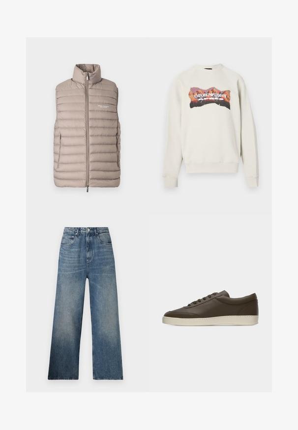 Doudoune sans manches couleur beige clair, avec col montant, fermeture éclair à l'avant, poches latérales et logo "Armani Exchange Milano/New York" sur la poitrine.; Sweat-shirt gris clair avec un col rond et des manches raglan. Présente un graphique coloré de montagne et le texte "EMPORIO ARMANI APRES".; Jean large en denim bleu à taille haute, avec une légère décoloration, cinq poches et une fermeture à bouton en métal à l'avant.; Baskets basses en cuir marron foncé avec lacets sur le devant et semelle en caoutchouc couleur crème, vues de côté extérieur sur fond blanc.