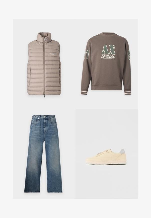 Doudoune sans manches couleur beige clair, avec col montant, fermeture éclair à l'avant, poches latérales et logo "Armani Exchange Milano/New York" sur la poitrine.; Sweat-shirt marron à manches longues avec le logo Armani Exchange sur la poitrine, le numéro 91 sur les manches et des rayures blanches aux poignets.; Jean large en denim bleu à taille haute, avec une légère décoloration, cinq poches et une fermeture à bouton en métal à l'avant.; Baskets basses beige à lacets, semelle rose clair et languette grise à l'arrière marquée "Filling Pieces", vues de profil sur fond uni.