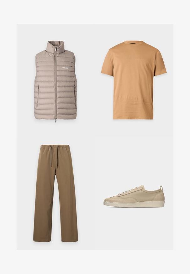 Doudoune sans manches couleur beige clair, avec col montant, fermeture éclair à l'avant, poches latérales et logo "Armani Exchange Milano/New York" sur la poitrine.; T-shirt uni marron clair à manches courtes, col rond et texte en relief subtil "EMPORIO ARMANI" sur la poitrine.; Pantalon marron à coupe droite avec taille élastique et cordons noirs, présenté sur un fond clair uni.; Baskets beige basses avec tige en tissu et daim, lacets blancs, semelle en caoutchouc et languette à l'arrière, présentées en profil latéral sur fond blanc.
