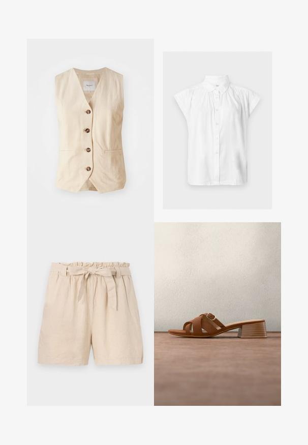 Beige linned vest med V-hals, fem frontknapper og to sidelommer. Har et rent, skræddersyet design med en glat tekstur.; Hvid kortærmet skjorte med knapper, klassisk krave og voluminøse stofdetaljer på skuldrene.; Beige linnedshorts med elastisk livrem, flæset kant og en aftagelig bælte i snor. Har en afslappet pasform og glat, tekstureret stof.; Brun læder mule med åben tå, kraftig hæl og krydsede remme, sat mod en grå gulv og sløret mørk baggrund.