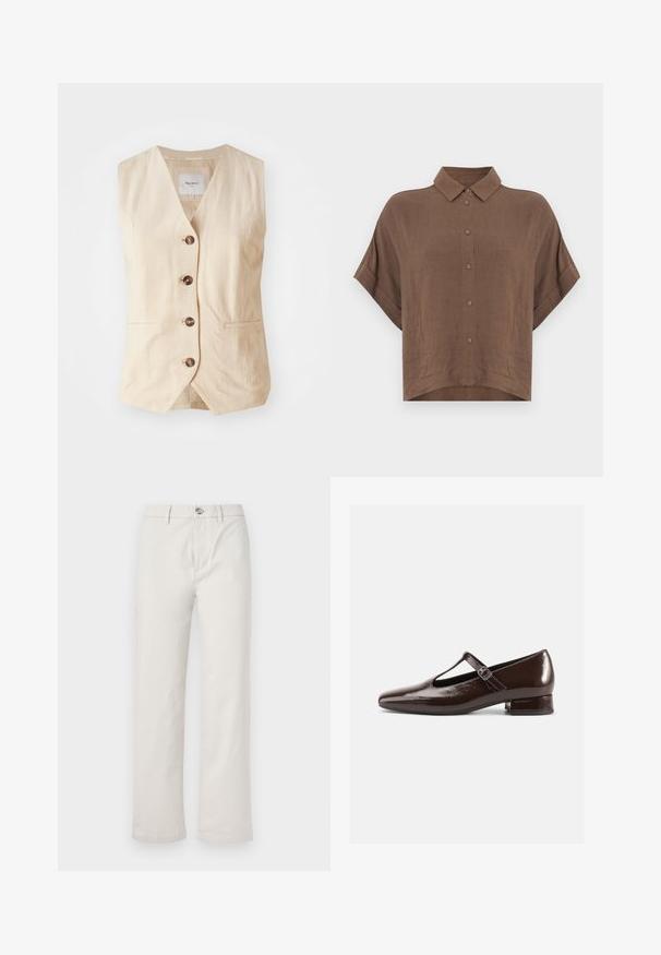 Gilet en lin beige avec un col en V, cinq boutons à l'avant et deux poches latérales. Présente un design épuré et ajusté avec une texture lisse.; Chemise marron à manches courtes en tissu léger, avec un col classique et une fermeture boutonnée devant, ourlet raccourci et coupe décontractée.; Pantalons larges beige clair en coton, avec une fermeture à boutons sur le devant, des poches latérales et une texture propre et lisse.; Chaussures Mary Jane en cuir verni marron avec un bout arrondi, un design ajouré et une bride réglable. Talon bas bloc.