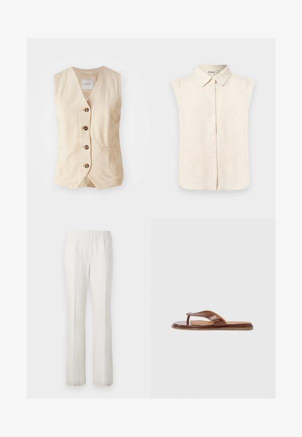 Beige linned vest med V-hals, fem frontknapper og to sidelommer. Har et rent, skræddersyet design med en glat tekstur.; Ærmeløs beige linnedbluse med knapper for og spidse kraver samt diskrete rynkede skuldre, enkel frontdesign.; Lysfarvede, lige ben-bukser med en glat tekstur, der har for-pleats og et enkelt talje-design.; Brun læderflip-flop med en tekstureret rem og glat indlægssål. Har et minimalistisk design og en flad sål, velegnet til afslappet brug.