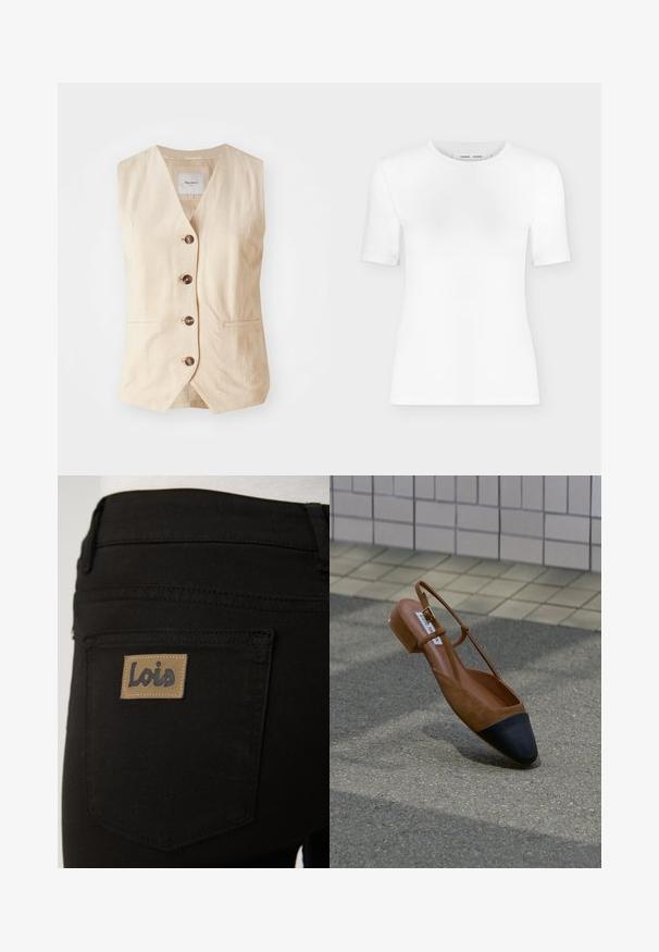 Beige linnen vest met een V-hals, vijf knopen aan de voorkant en twee zijzakken. Kenmerkt zich door een strakke, op maat gemaakte uitstraling met een soepele textuur.; Wit T-shirt met korte mouwen en een ronde hals, een slanke pasvorm en geribbelde stof, weergegeven op een effen lichtgrijze achtergrond.; Zwarte denim jeans met een gewone achterzak en een lichtbruine rechthoekige label met het opschrift "Lois". Soepele textuur en klassiek ontwerp.; Bruine platte slingback-schoen met zwarte puntige neus en gouden gesp, zwevend boven een gestructureerd bestratingsvlak nabij een betegelde muur.