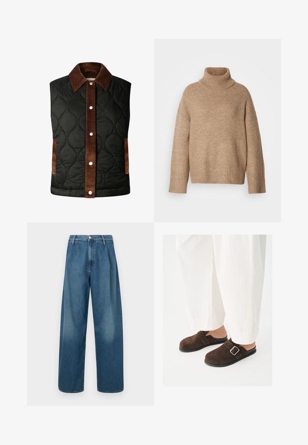 Quiltet sort vest med en brun fløjlskrave og stribedetaljer, der har sølvfarvede trykknapper og sidelommer.; Beige rullekravesweater lavet af blødt strikstof. Har ribbet halsudskæring og manchetter, med en afslappet pasform og sænkede skuldersømme.; Vidbenede blå jeans lavet af denim, med høj talje, knaplukning foran og subtil falmning på stoffet.; Person iført hvide bukser og mørkebrune ruskind slip-on sko med en sølvspænde, stående på en ensfarvet hvid overflade.