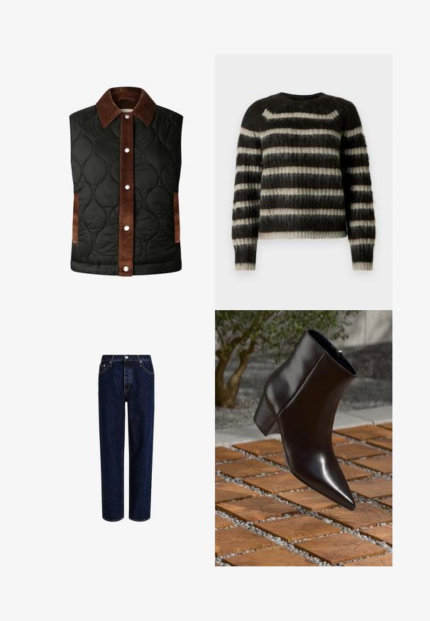Gilet matelassé noir avec un col en velours côtelé marron et des détails rayés, doté de boutons-pression en argent et de poches latérales.; Pull en tricot duveteux marron et beige avec des rayures horizontales et des manches longues sur fond blanc.; Jeans en denim bleu foncé avec une coupe droite, dotés d'une taille haute, d'un style à cinq poches et de coutures contrastantes. Sans embellissements.; Bottine en cuir noir avec un bout pointu, un talon bloc et une texture lisse, positionnée au-dessus d'une surface en bois et en gravier.