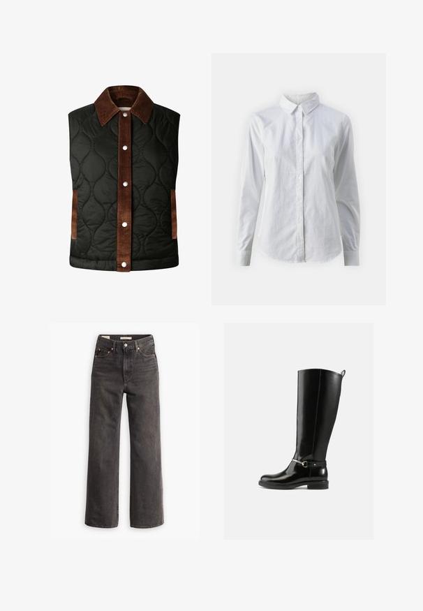 Quiltet sort vest med en brun fløjlskrave og stribedetaljer, der har sølvfarvede trykknapper og sidelommer.; Hvid skjorte med knapper lavet af glat bomuld, der har en klassisk krave, lange ærmer og en buet kant. Knapperne er små og hvide.; Højtaljede, vide jeans i mørkegrå denim, med forlommer, kontrastfarvede kobbernitter og en ren finish uden pynt.; Sorte knæhøje støvler lavet af blankt læder med en sølvfarvet spænde ved anklen og rundet snude. Flad sål.