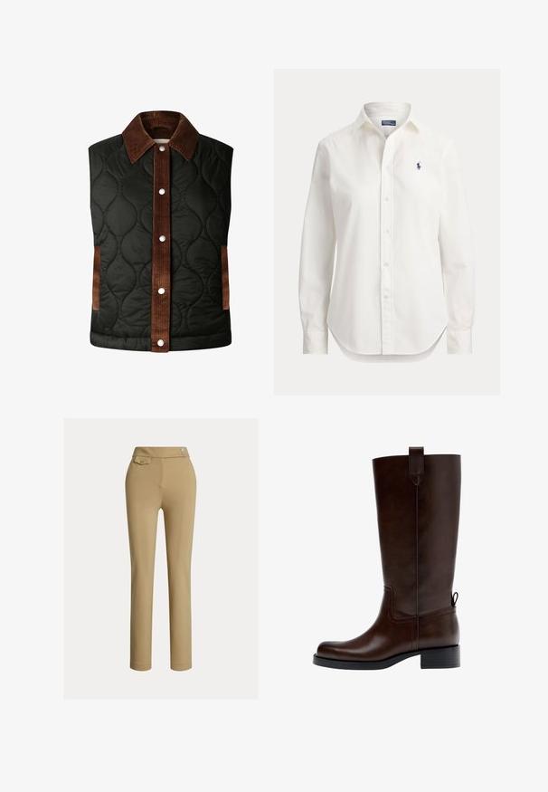 Gilet matelassé noir avec un col en velours côtelé marron et des détails rayés, doté de boutons-pression en argent et de poches latérales.; Chemise blanche à manches longues avec boutons, col et petit logo bleu d’un joueur de polo sur la poitrine gauche.; Pantalons slim beige pour femmes avec taille haute, deux boutons sur le côté et une petite poche à rabat boutonnée près de la taille.; Botte en cuir marron foncé montant jusqu'au genou avec un petit talon bloc, une languette de traction en haut et à l'arrière, et un bout arrondi, vue de profil.