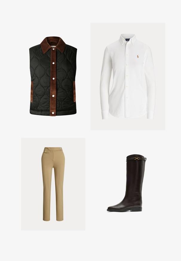 Quiltet sort vest med en brun fløjlskrave og stribedetaljer, der har sølvfarvede trykknapper og sidelommer.; Hvid skjorte med lange ærmer og knapper, med knaplukket krave og lille broderet polo-spillerlogo på brystet.; Beige skræddersyede bukser med en glat tekstur, høj talje, to dekorative knapper og en enkelt baglomme. Lige ben-design.; Høj, mørkebrun læder ridestøvle med lav hæl og en gylden dekorativ spænde nær den øverste kant.
