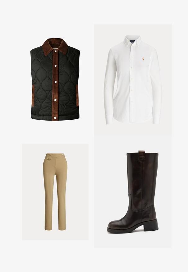 Quiltet sort vest med en brun fløjlskrave og stribedetaljer, der har sølvfarvede trykknapper og sidelommer.; Hvid skjorte med lange ærmer og knapper, med knaplukket krave og lille broderet polo-spillerlogo på brystet.; Beige skræddersyede bukser med en glat tekstur, høj talje, to dekorative knapper og en enkelt baglomme. Lige ben-design.; Brune læderknæhøje støvler med en solid blokhæl, blank overflade og bageste træksløjfe; har en strømlinet silhuet og en holdbar sål.