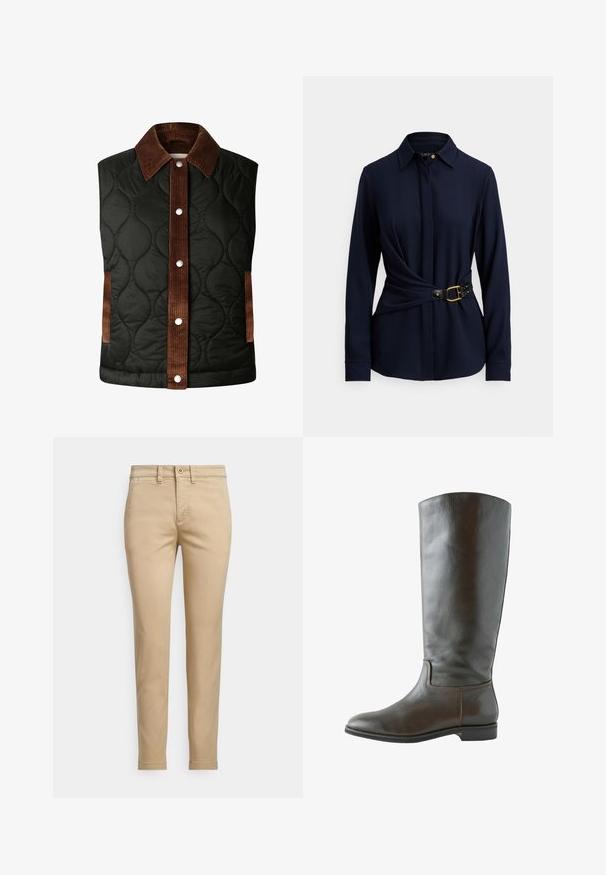 Gilet matelassé noir avec un col en velours côtelé marron et des détails rayés, doté de boutons-pression en argent et de poches latérales.; Chemise à manches longues bleu marine avec col, design torsadé à l'avant, et ceinture noire avec boucle dorée et détails cloutés. Texture de tissu douce.; Chinos en coton beige avec une coupe droite, dotés d'une fermeture à bouton, de poches avant et de détails cousus le long des coutures.; Botte en cuir marron montant, avec une texture lisse, un bout arrondi et peu de détails de couture. Semelle plate avec un petit talon.